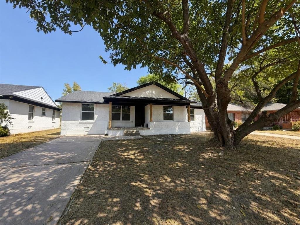Front exterior of 1241 E Pentagon Pkwy, a one story brick home with a large shade tree for lease in Dallas, TX