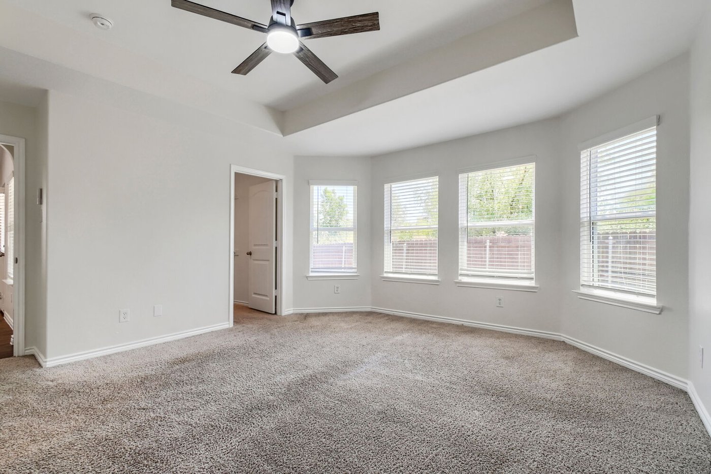 Primary suite with a tray ceiling and backyard views at 1309 Fantail Ln