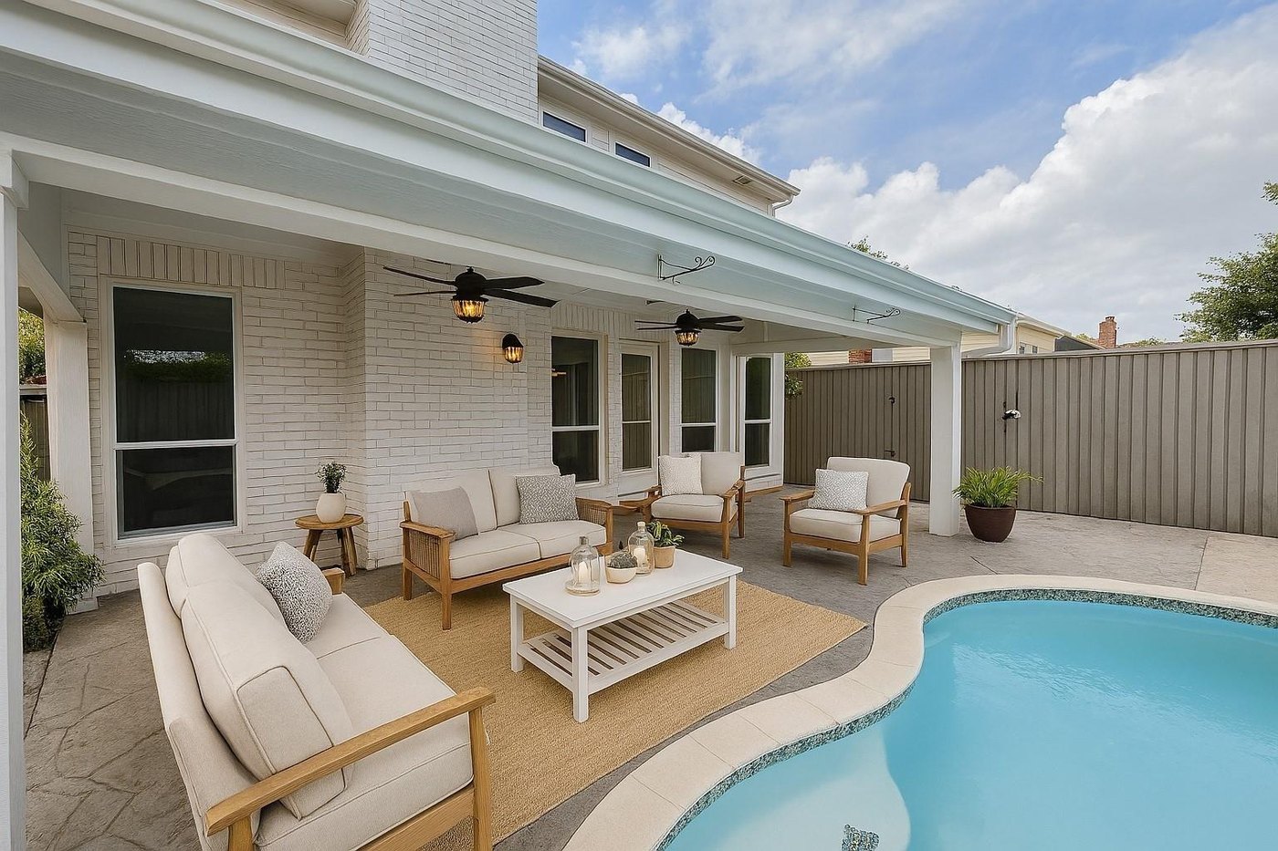 Poolside patio with seating and mature trees at 2009 Antwerp, Plano