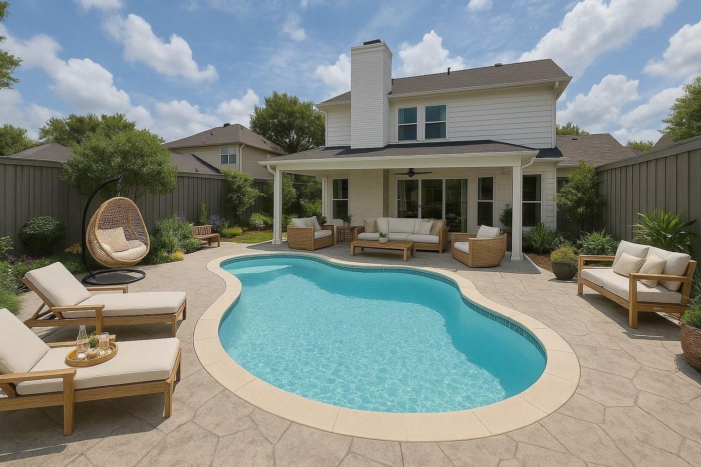 Resort style pool with landscaped patio at 2009 Antwerp, Plano, TX