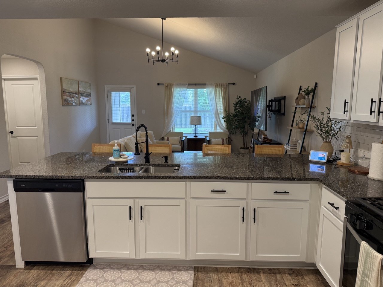 Kitchen with subway tile backsplash and a large sink at 22126 Backspin, San Antonio
