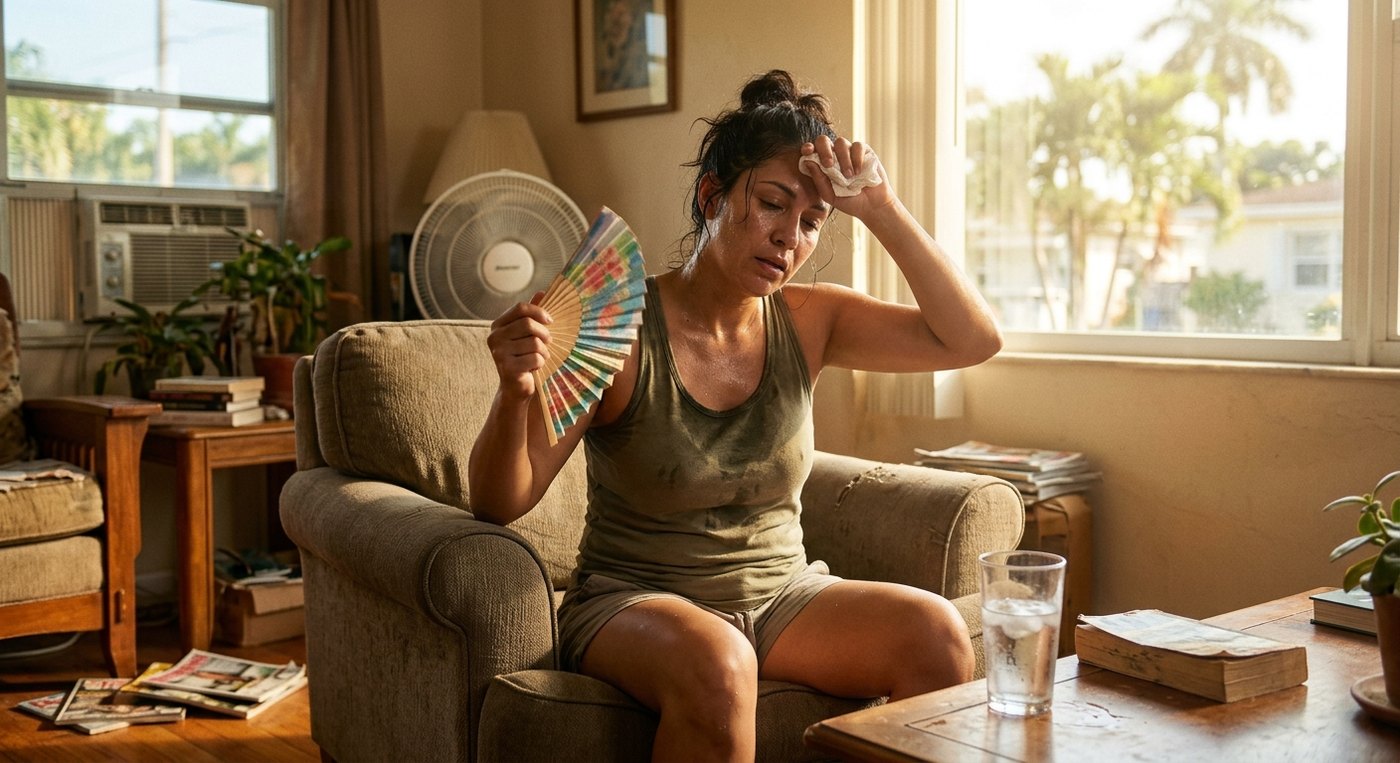 A tenant fanning herself and wiping her brow in a hot Texas living room during the summer